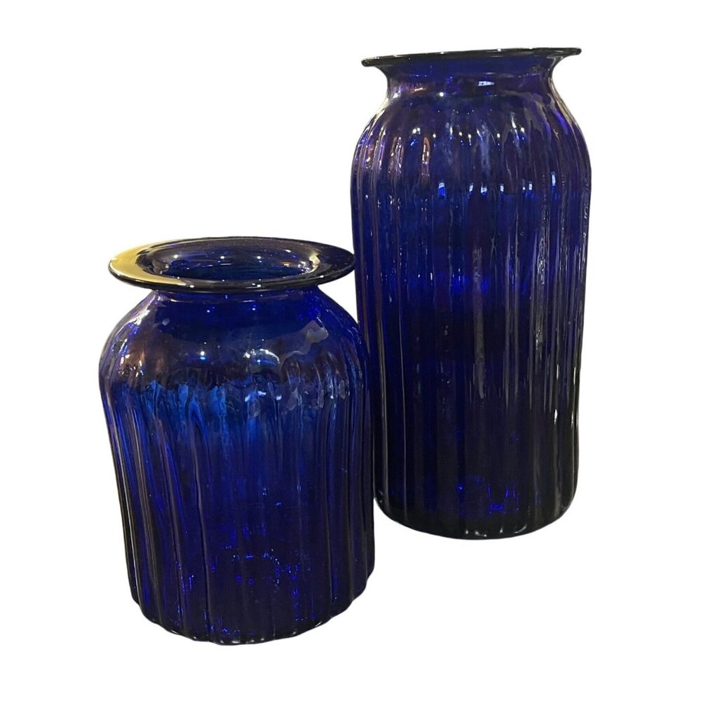Two Ribbed Cobalt Blue Glass Vases Traditions Made In Mexico Large 12" &  8"